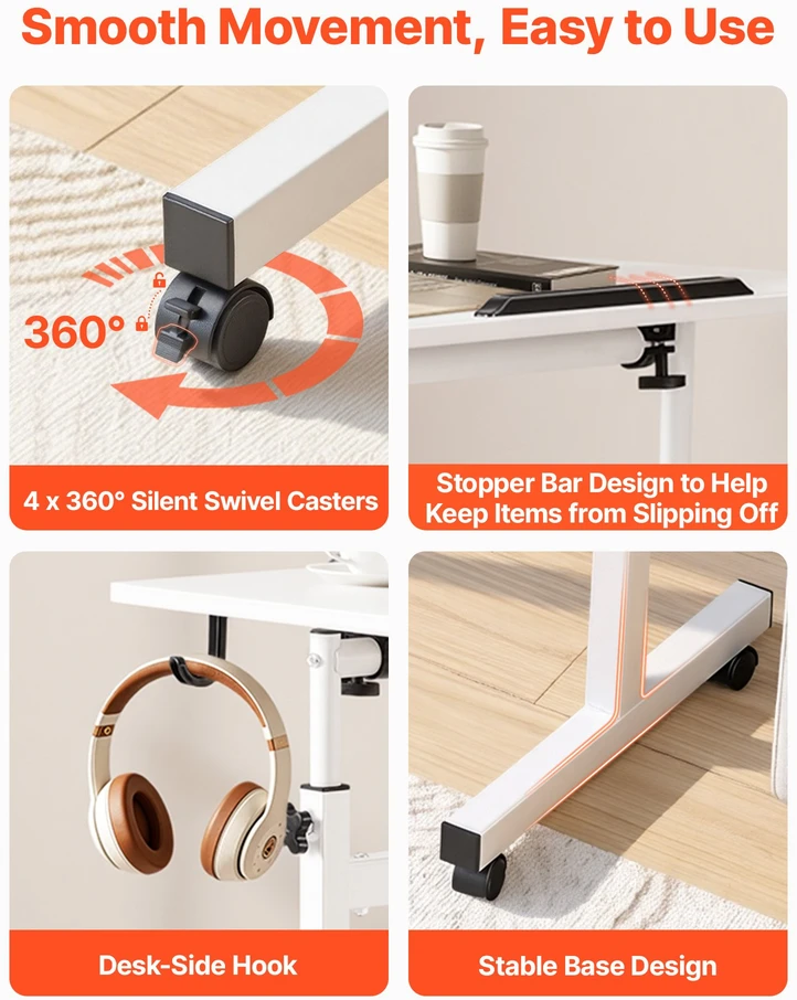 Reguliuojamo aukščio stalas sėdėti/stovėti su 360° pakreipiamu paviršiumi 810 x 410 mm. apkrova iki 25 kg. baltas