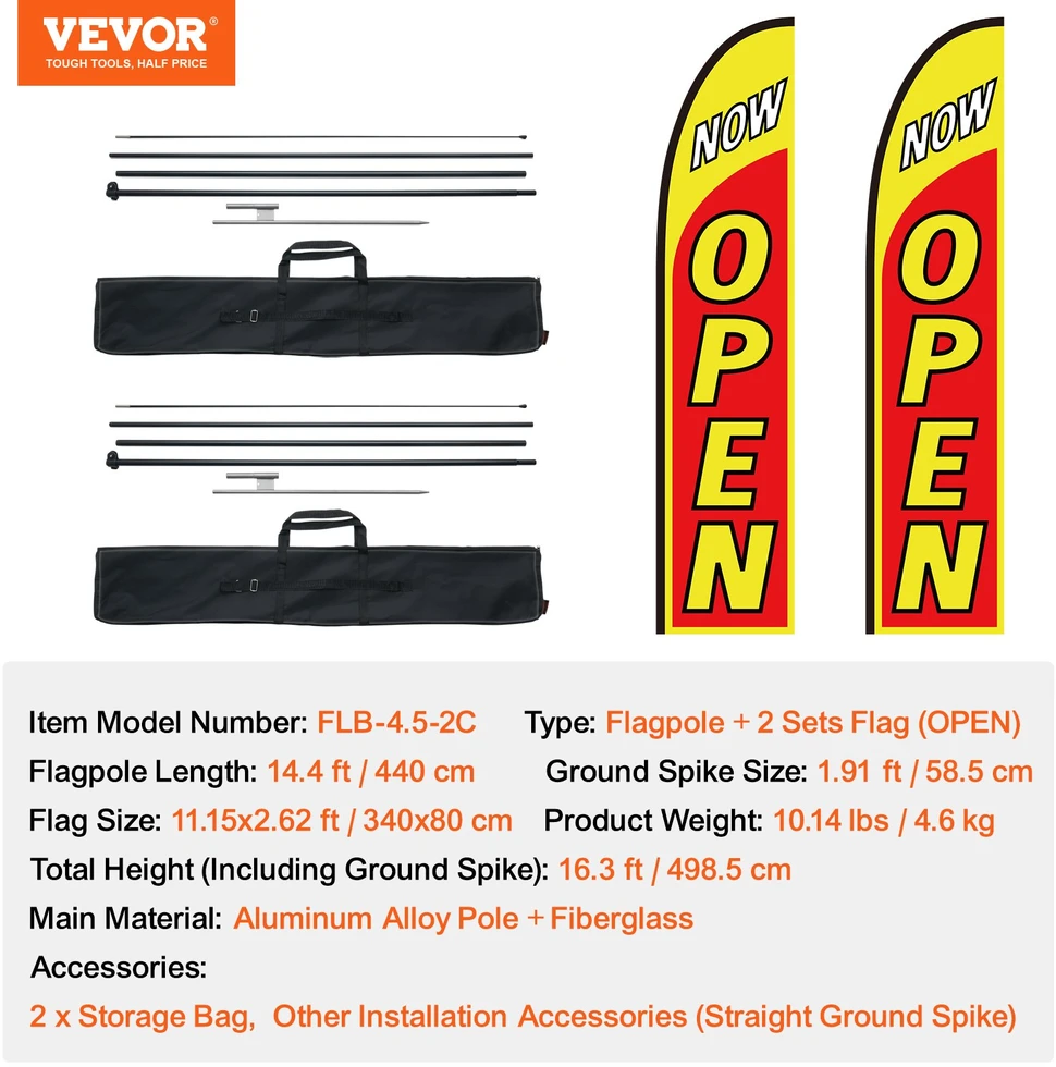 Reklaminė vėliava „Open" su stovu. 2 vėliavos. 2 stiebai. 440 cm