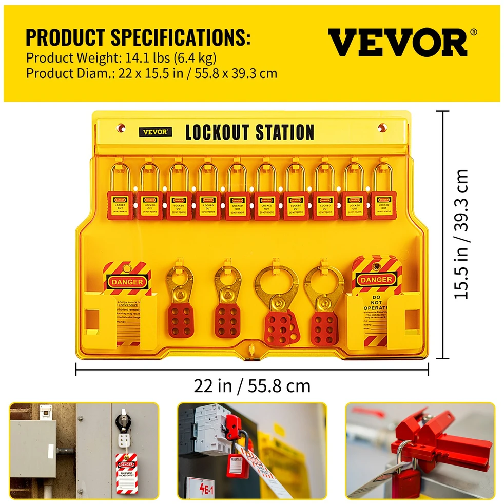Saugos užrakinimo (Lockout/Tagout) rinkinys. 58 vnt.. su stotele 55.8x39.3 cm