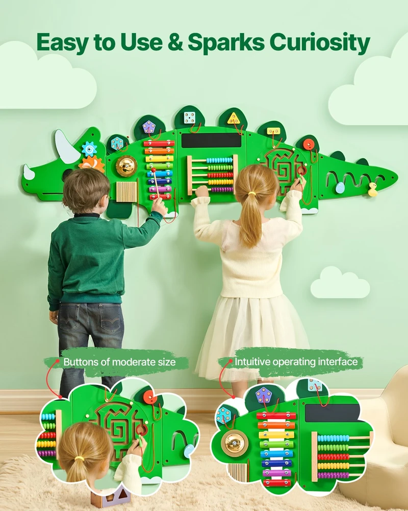 Sensorinė veiklos siena vaikams. 12 užduočių. Montessori tipo. 1525 x 445 mm