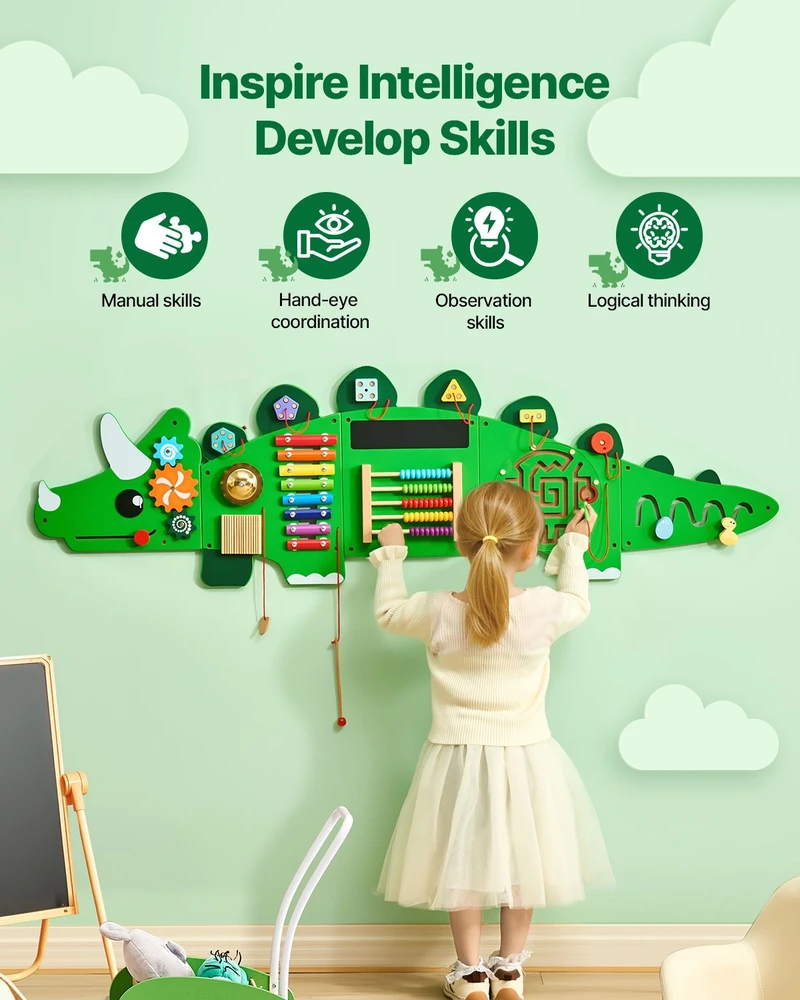 Sensorinė veiklos siena vaikams. 12 užduočių. Montessori tipo. 1525 x 445 mm