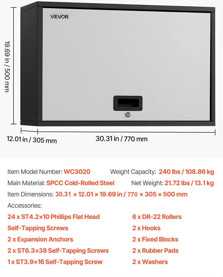 Sieninė metalinė spintelė įrankiams. 770 x 305 x 500 mm. apkrova 108.9kg