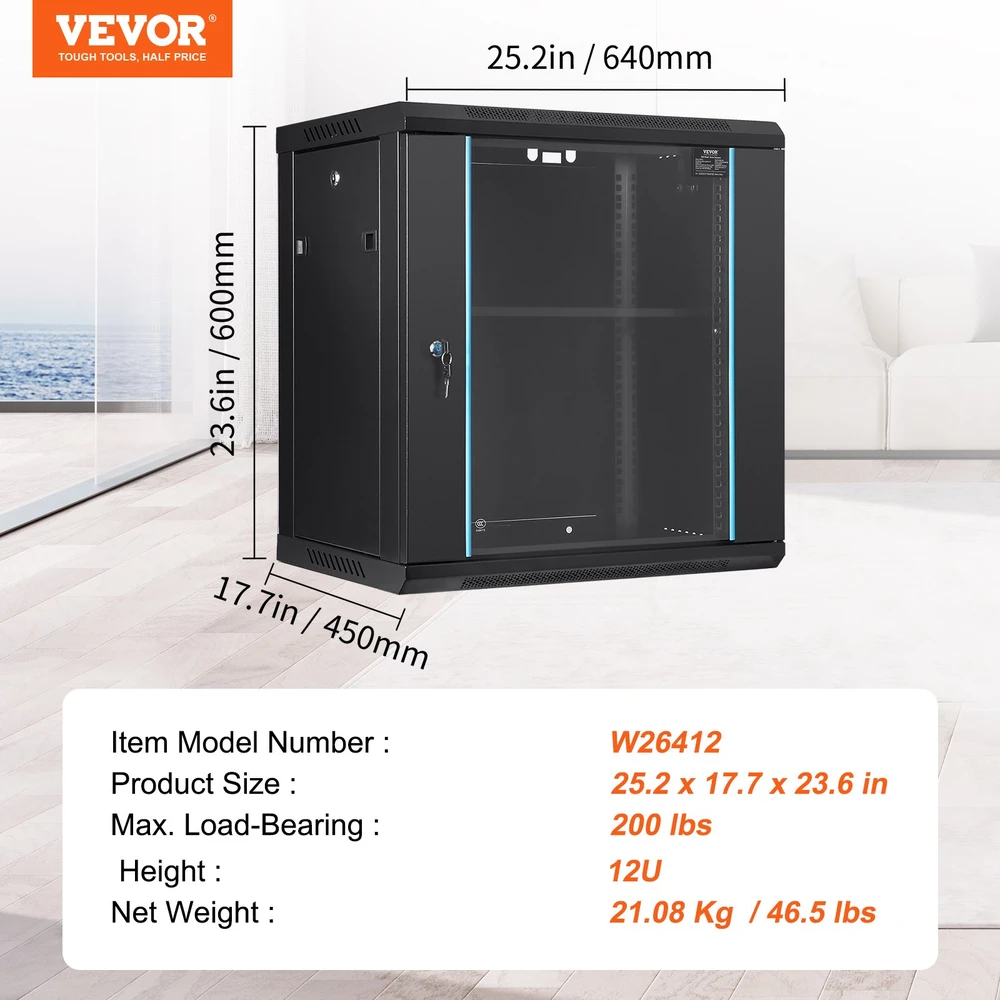 Sieninė tinklo serverio spinta 12U. gylis 14.8 col.. apkrova iki 90 kg