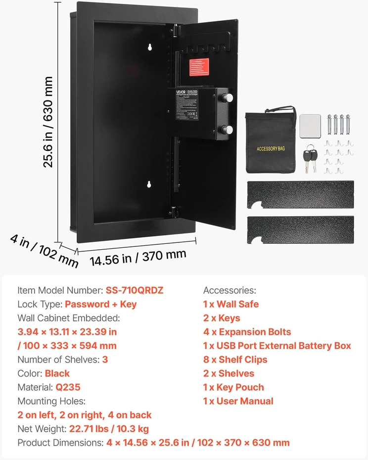 Sieninis seifas su skaitmenine klaviatūra/raktu 102 x 370 x 630 mm