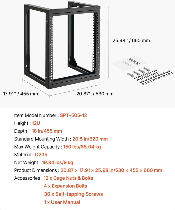 Sieninis serverio stovas 12U. keliamoji galia 68 kg