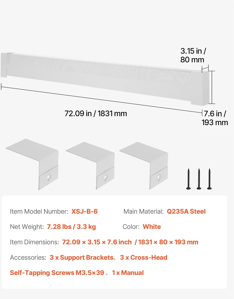 Šildymo plinto (baseboard) dangtelio profilis. ilgis 1831 mm. plienas. baltos spalvos