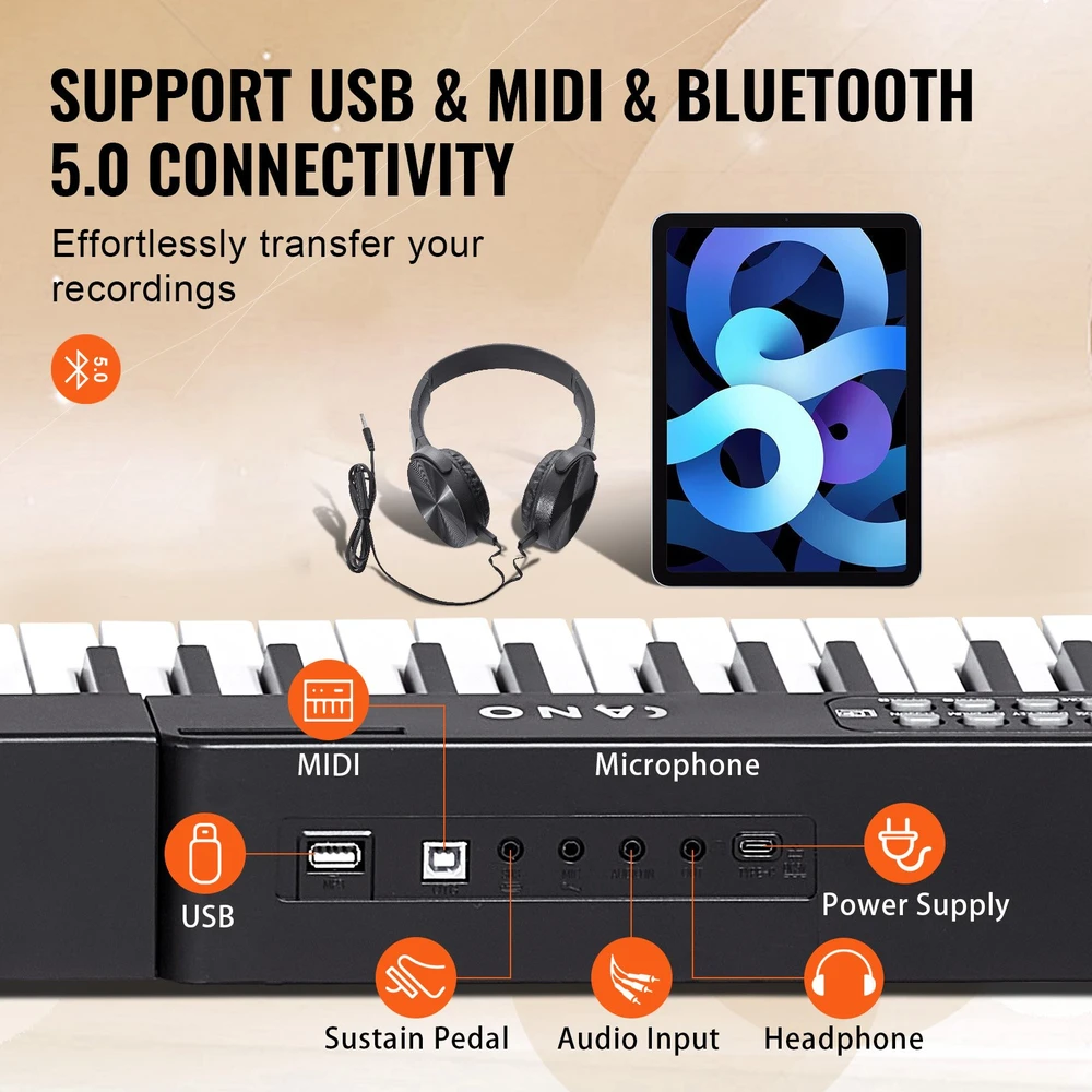 Skaitmeninė klaviatūra. 88 pusiau svertiniai klavišai. reguliuojamas stovas. Bluetooth. MIDI. USB
