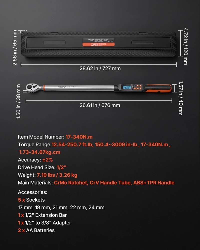Skaitmeninis momentinių raktų komplektas 1/2". LCD ekranas. garso ir LED indikatorius