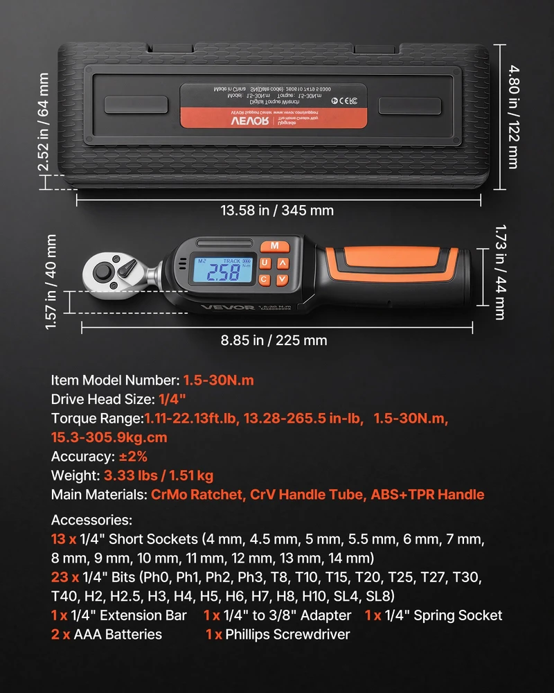 Skaitmeninių dinamometrinių raktų rinkinys 1/4". 42 vnt.. LCD ekranas. su galvutėmis