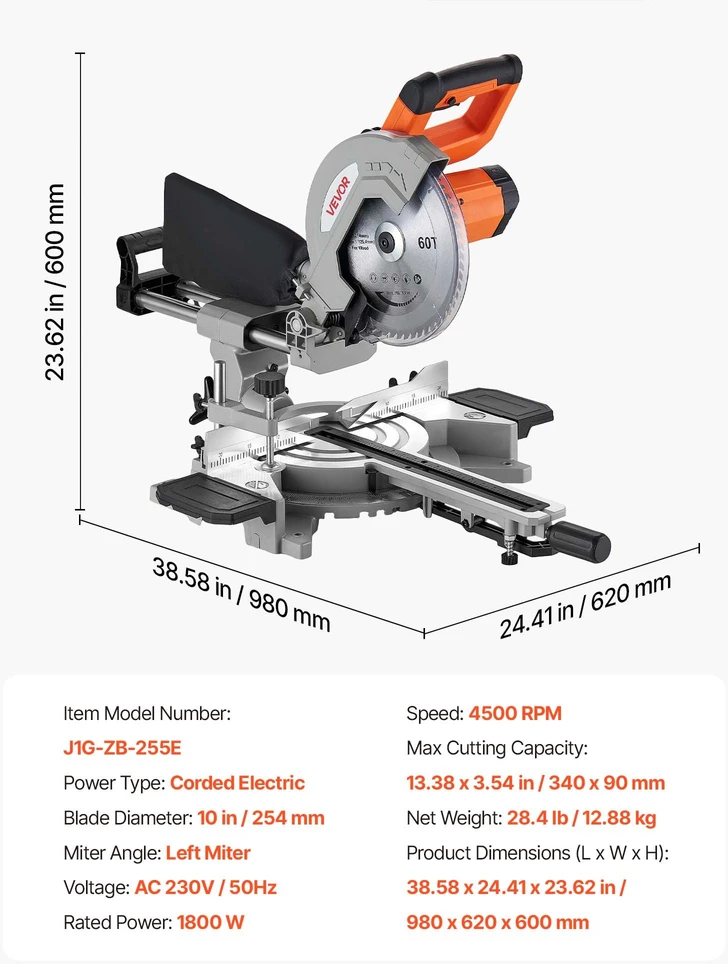 Slankiojantis skersinio/įstrižinio pjovimo pjūklas disko skersmuo 254 mm 1800W