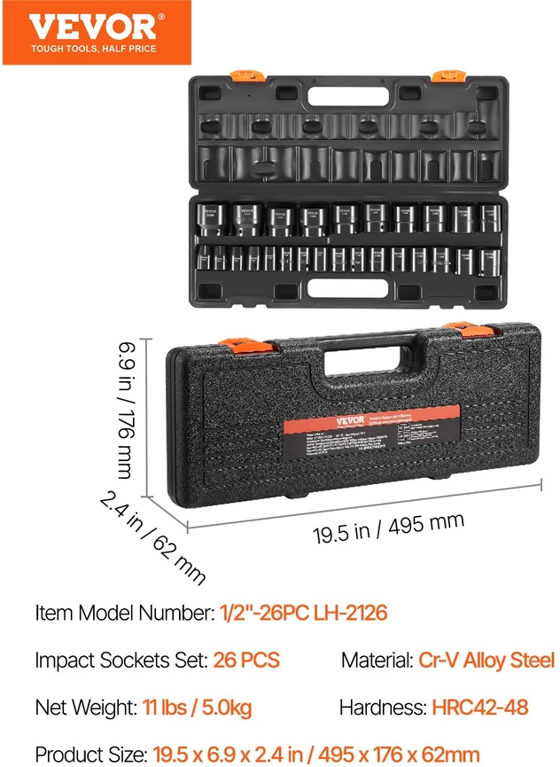 Smūginių galvučių komplektas 1/2 col. 26 vnt. 10-36 mm 6 briaunų su dėklu
