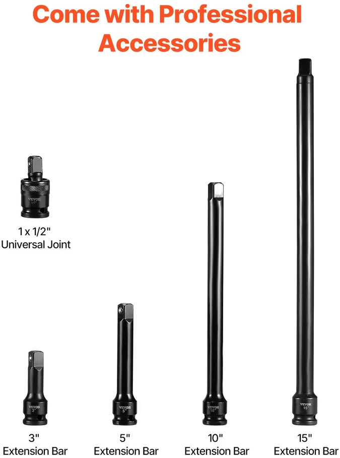 Smūginių galvučių komplektas 1/2 col. 43 vnt. metrinės 9-30 mm standartinės/gilios