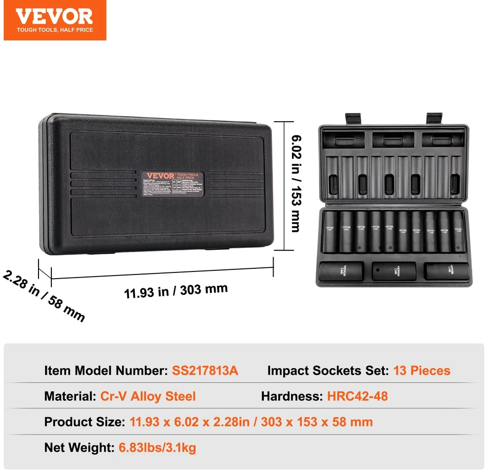 Smūginių galvučių komplektas 127 mm 13 vnt. 10-24 mm Cr-V plienas