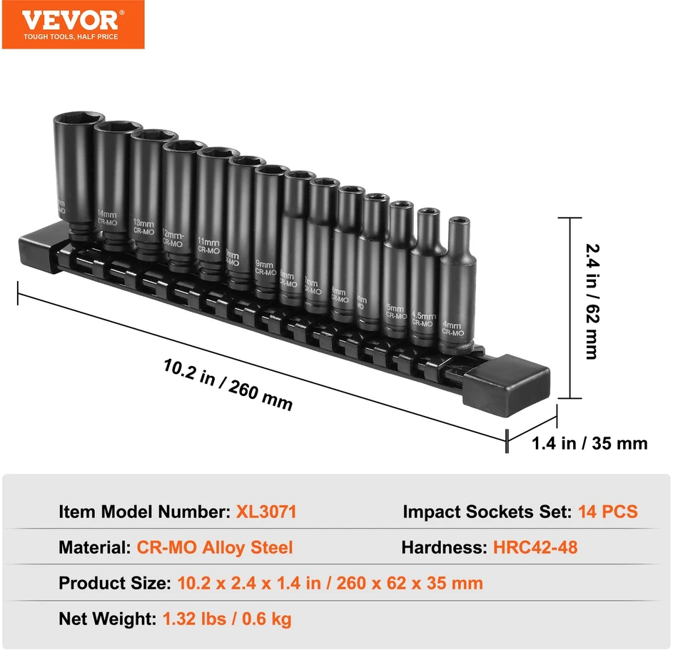 Smūginių galvučių komplektas 635 mm 14 vnt. metrinės 4-15 mm
