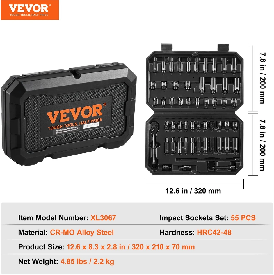 Smūginių galvučių komplektas 635 mm 55 vnt. SAE 5/32-9/16 col. ir metrinės 4-15 mm