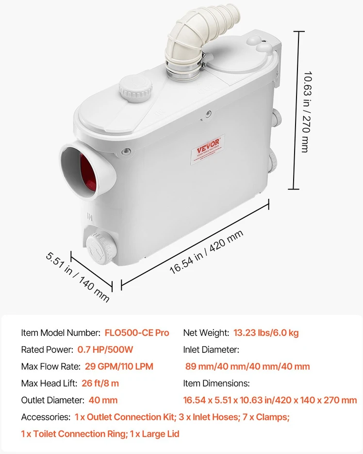 Smulkinimo siurblys vonios nuotekoms 500 W. pakėlimo aukštis 8 m. debitas 6600 l/val