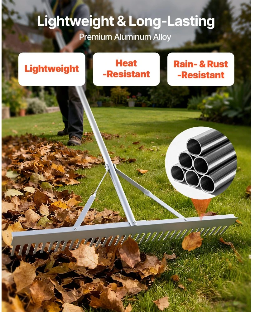 Sodo grėblys plati 914 mm galvutė aliuminio kotas 2590 mm dirvai purenti