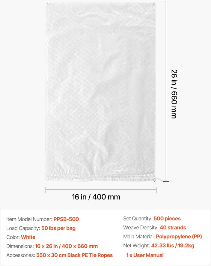Sodo maišai. 500 vnt. pakuotė. 40 x 66 cm. su raišteliais. keliamoji galia 22.6kg. pintas polipropilenas