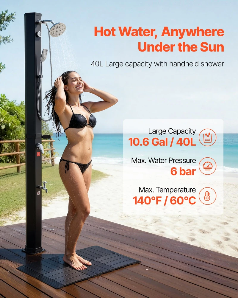 Sodo saulės dušas 40 l, aukštis 205 cm, su kojų čiaupu ir muilinės, juodas