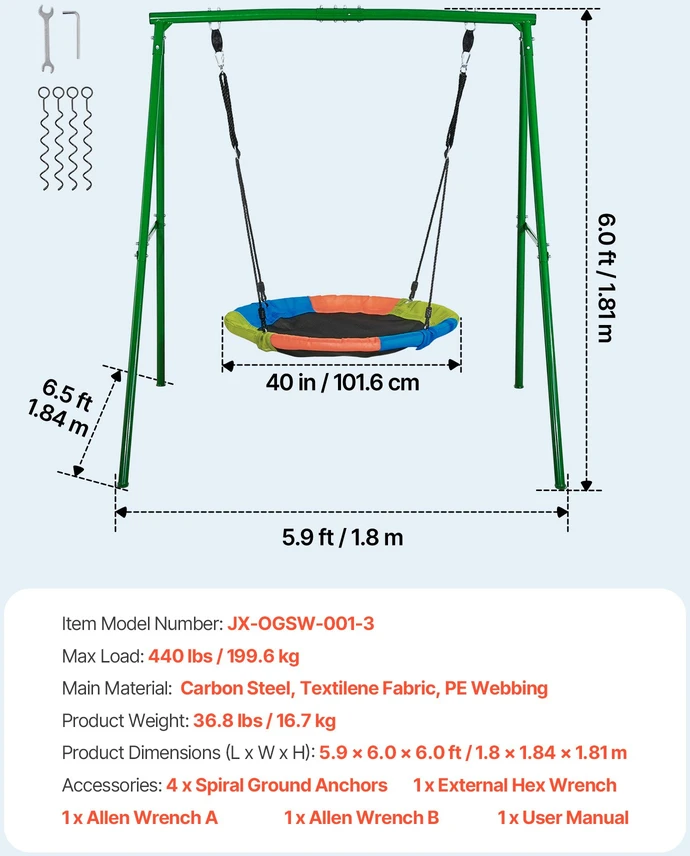 Sodo sūpynės vaikams. A formos metalinis rėmas. maksimali apkrova 199.6kg. apvali diskinė sėdynė. žalios ir spalvotos