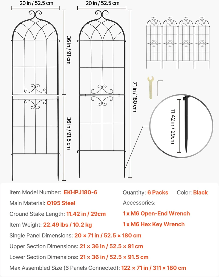Sodo tinkleliai (treliažai). 6 vnt. rinkinys. 180 x 52.5 cm. metaliniai skydeliai su milteline danga. jungiami