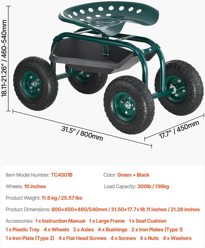 Sodo vežimėlis su daiktadėže ir besisukančia sėdyne. krovumas iki 136 kg. sėdynė 450 x 370 mm. sodo darbams
