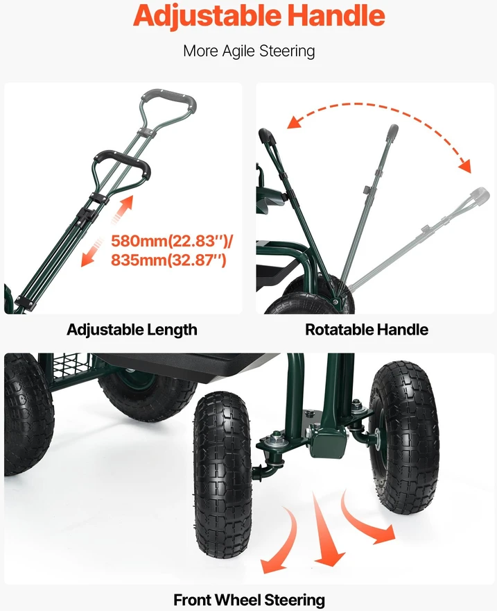 Sodo vežimėlis su ratais. įrankių ir daiktų laikikliu. keliamoji galia iki 181 kg. 360° pasukama darbo sėdynė