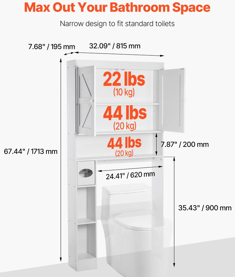 Spintelė virš WC 1713x815x195 mm su reguliuojama lentyna. balta