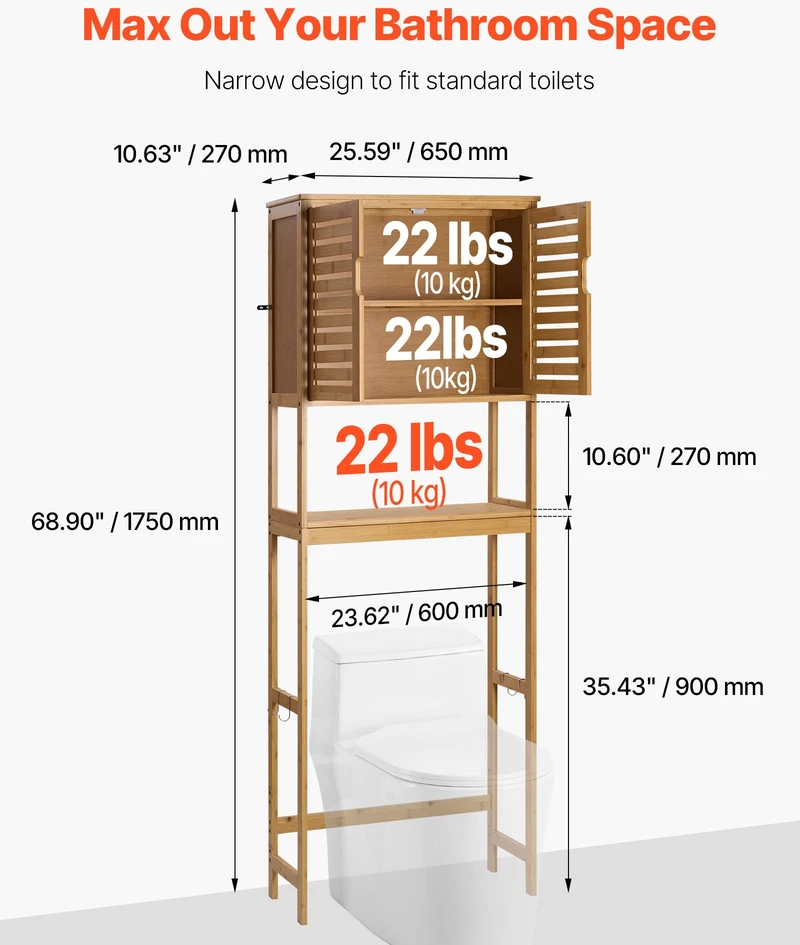 Spintelė virš WC 650x270x1750 mm su reguliuojama lentyna. natūrali