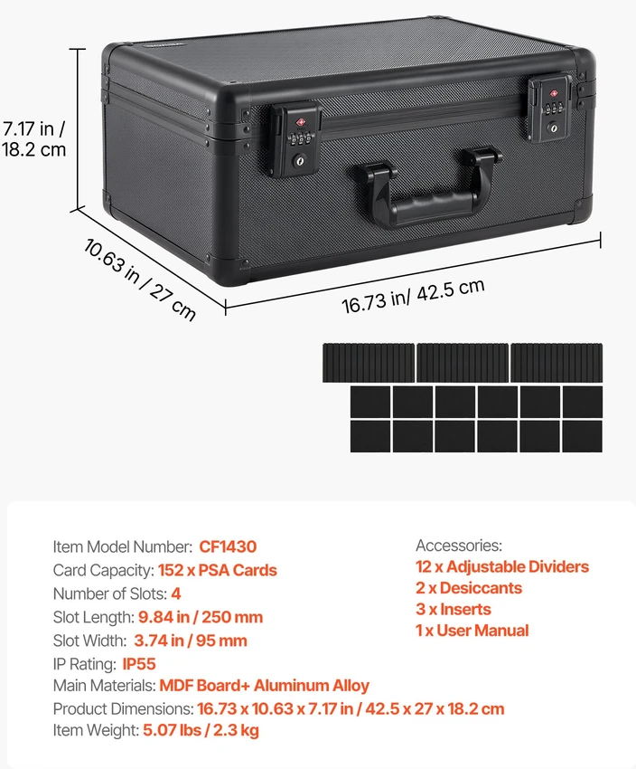 Sportinių kortelių saugojimo lagaminas 152 PSA kortelėms. IP55. MDF/aliuminio lydinys