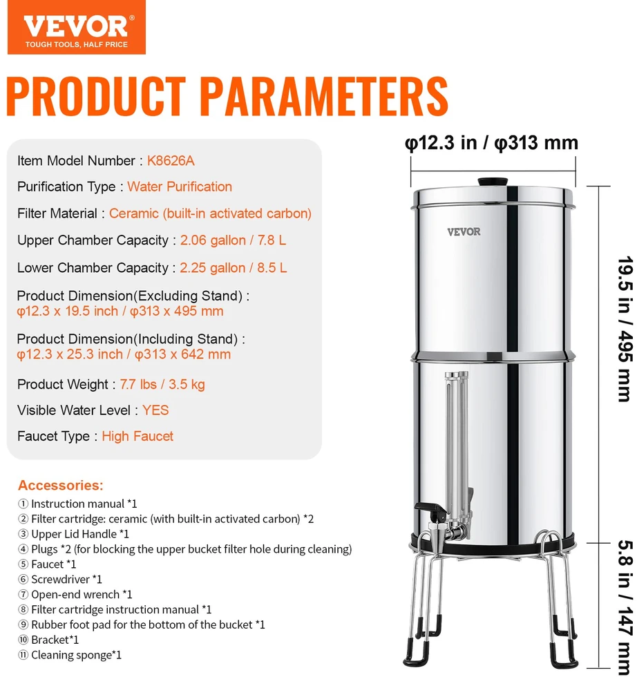 Stalinė gravitacinė vandens filtravimo sistema 7.8+8.5L. su 2 keraminiais anglies filtrais. kemperiams