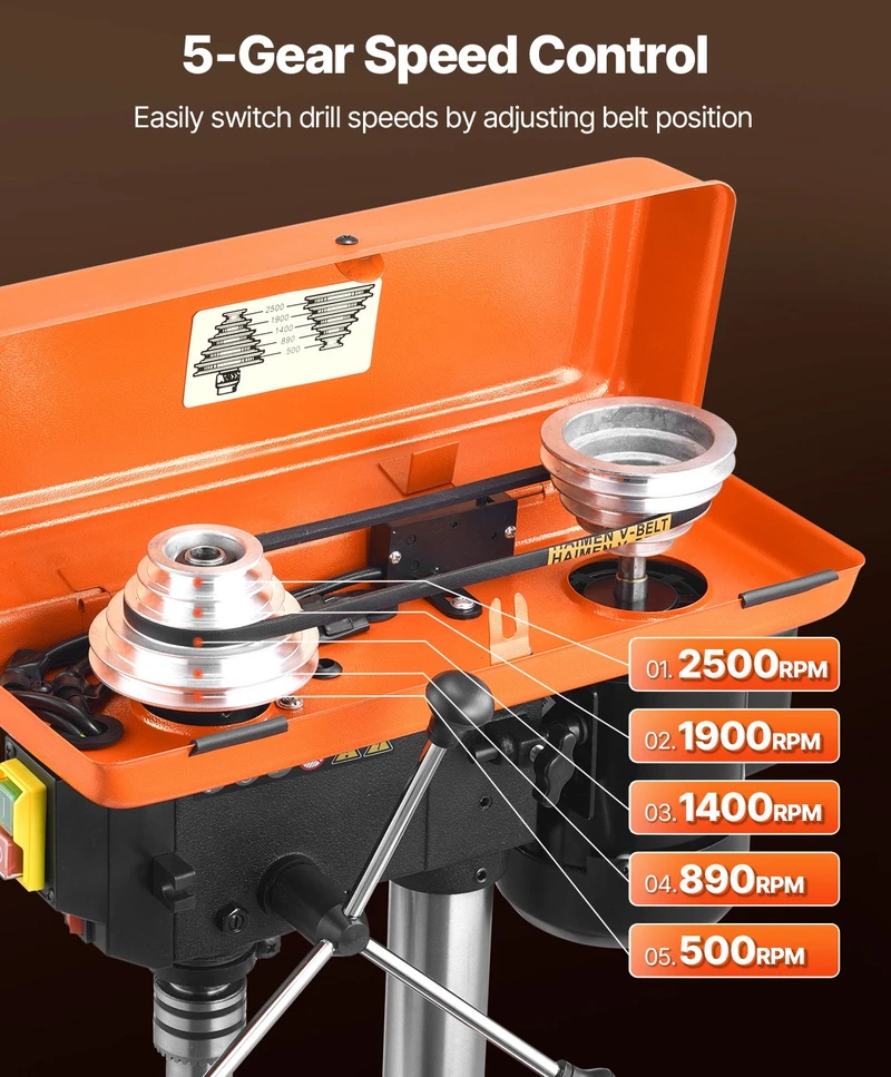 Stalinė gręžimo staklė 500W indukcinis variklis greičiai 500/890/1400 aps/min