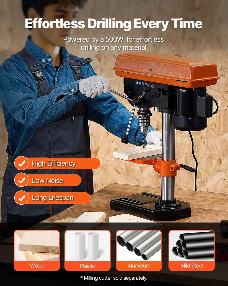 Stalinė gręžimo staklė 500W indukcinis variklis greičiai 500/890/1400 aps/min