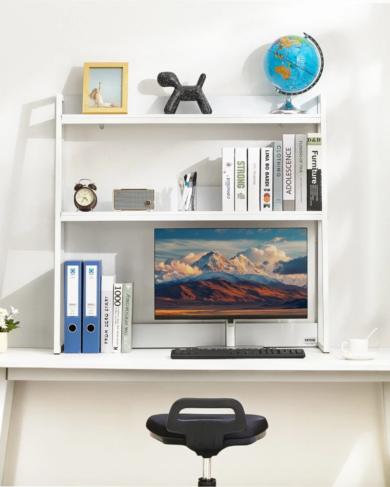 Stalo knygų lentyna, 2 lygių organizatorius, 95 x 32 x 90 cm, neslystančios kojelės, balta