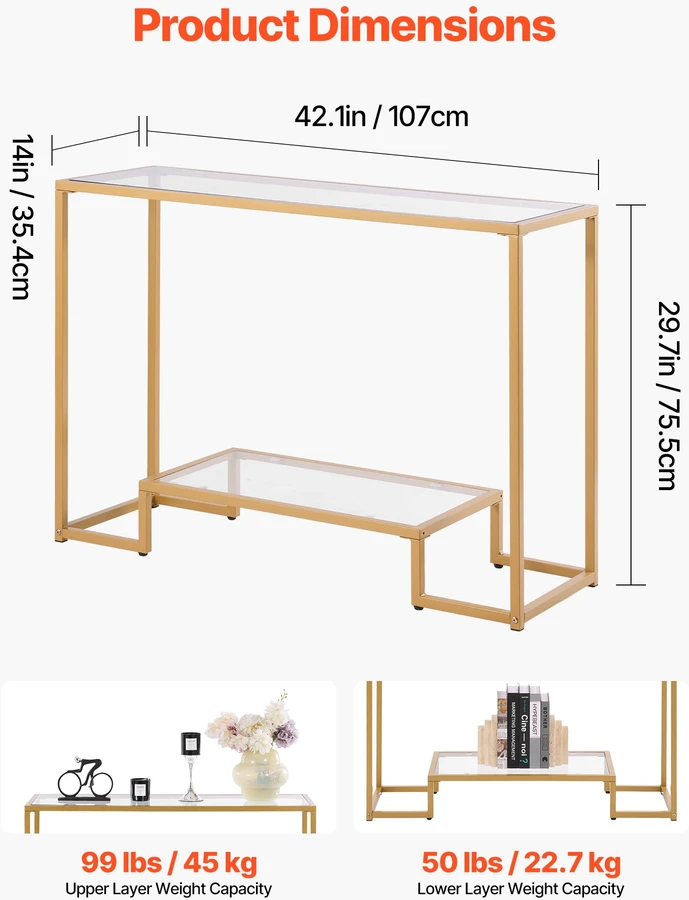 TV staliukas Stiklinis 2 lygių konsolinis staliukas 107x35.4x75.5 cm. grūdintas stiklas. aukso spalvos