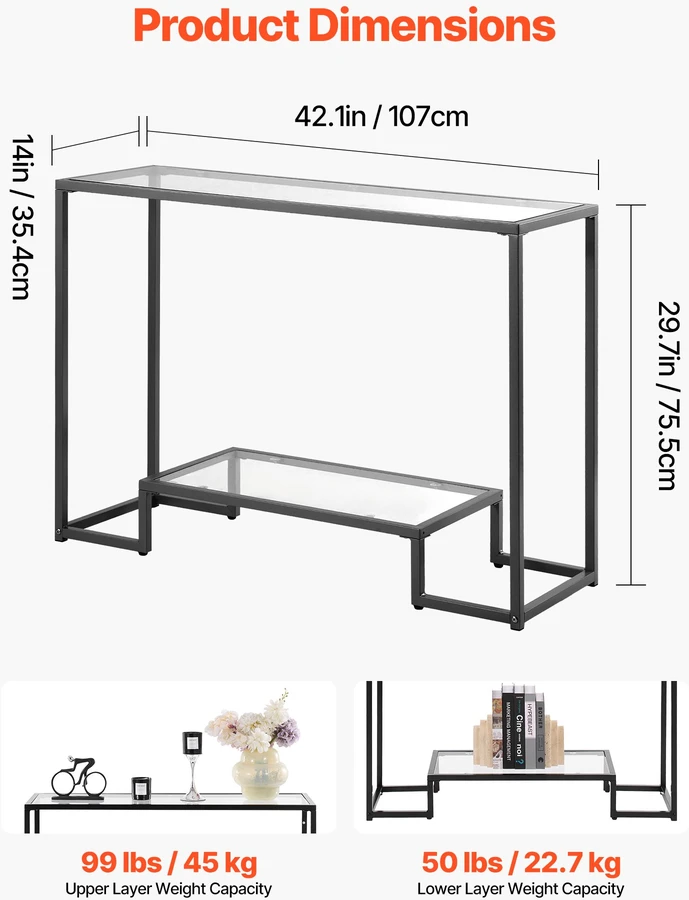 TV staliukas Stiklinis 2 lygių konsolinis staliukas 107x35.4x75.5 cm. grūdintas stiklas. juodos spalvos
