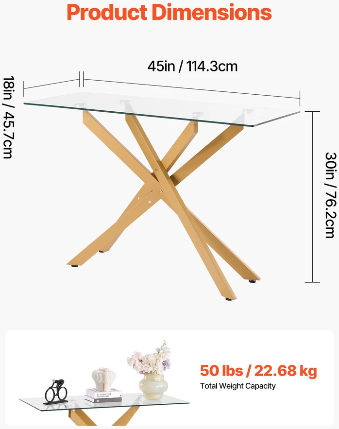 Stiklinis konsolinis staliukas 114.3 x 45.7 x 76.2 cm. grūdintas stiklas. kryžminės metalo kojos