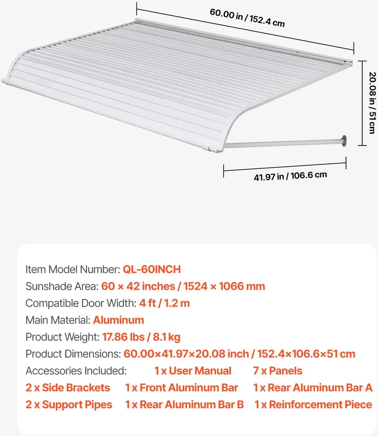 Stogelis virš durų ir lango 1524 x 1066 mm. atsparios korozijai aliuminio lydinio konstrukcija