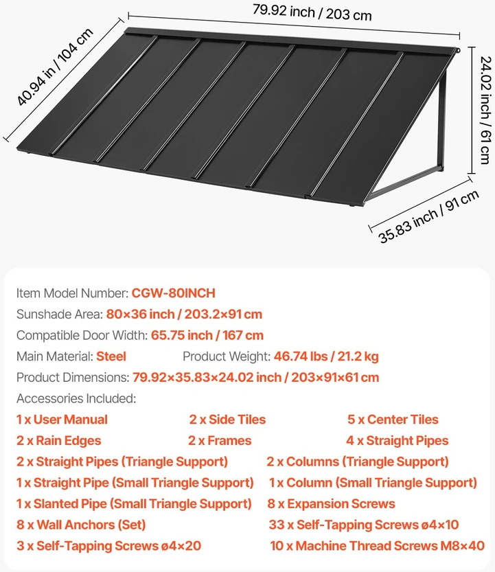 Stogelis virš durų ir lango 2032 x 910 mm. milteliniu būdu dažyto atsparaus korozijai plieno konstrukcija