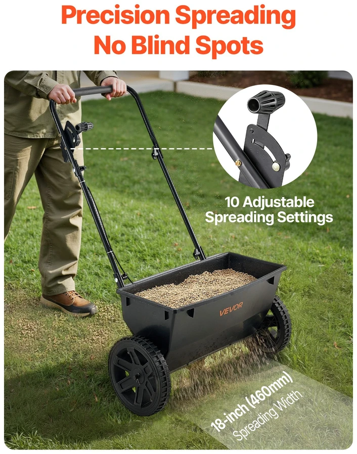 Stumiamas trąšų ir sėklų barstytuvas. talpa 22.6kg. barstymo plotis 457 mm