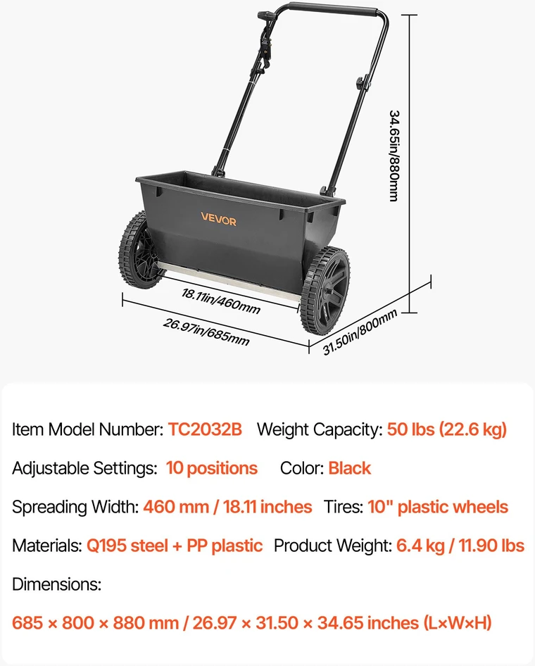 Stumiamas trąšų ir sėklų barstytuvas. talpa 22.6kg. barstymo plotis 457 mm