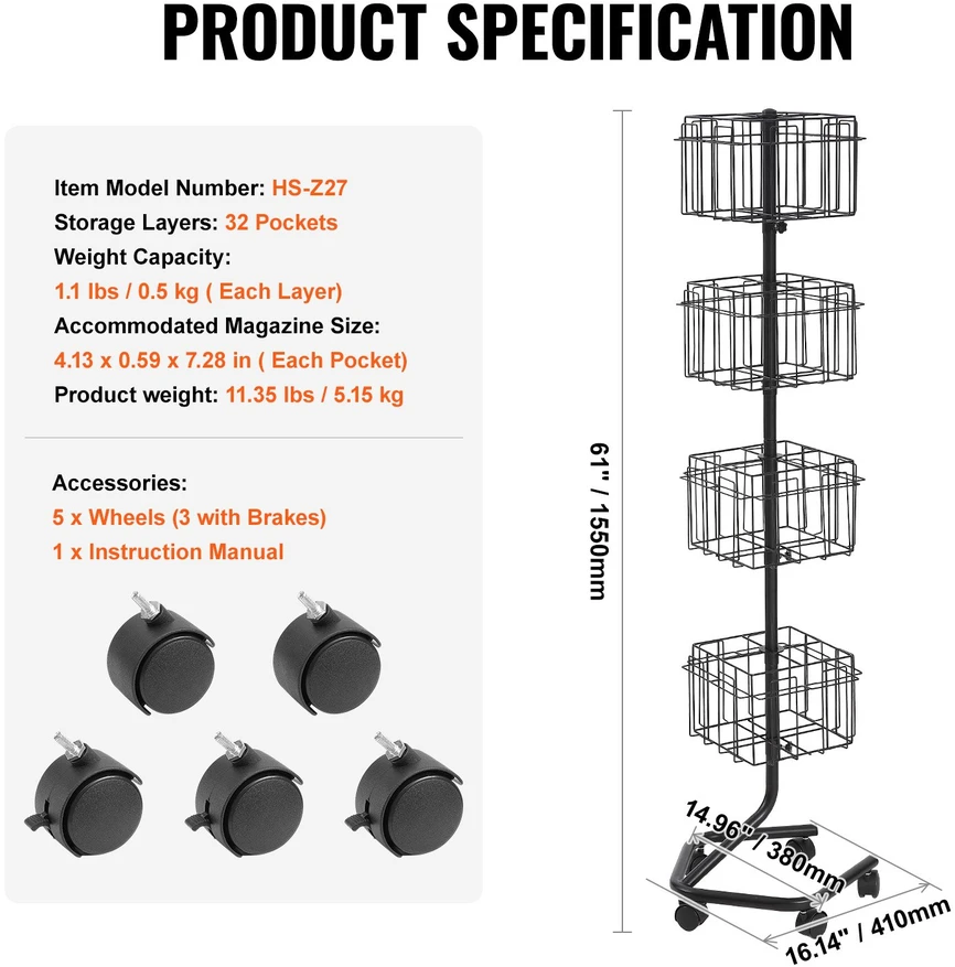 Sukamas atvirukų stovas 410 x 380 x 1550 mm. 4 lygiai. 32 kišenės. 5 ratukai (2 su stabdžiais)