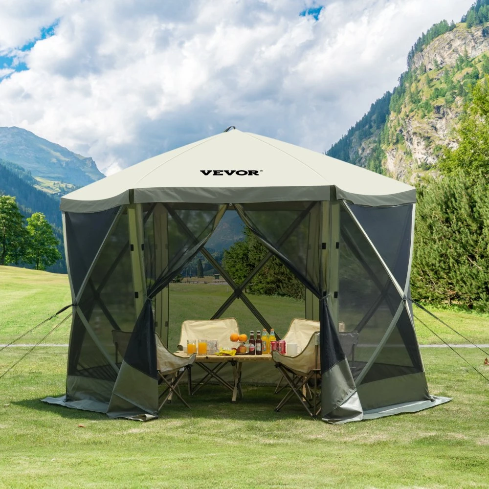 Sulankstoma pavėsinė su tinkleliu 6 pusėse 305 x 305 m su 6 nuimamomis vėjo užuolaidomis žalia