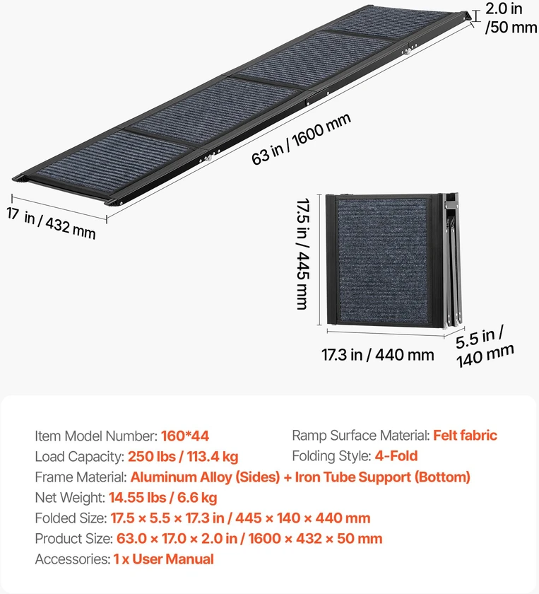 Sulankstoma šunų rampa automobiliui 160 x 43.2 cm. neslystantis paviršius. iki 113 kg
