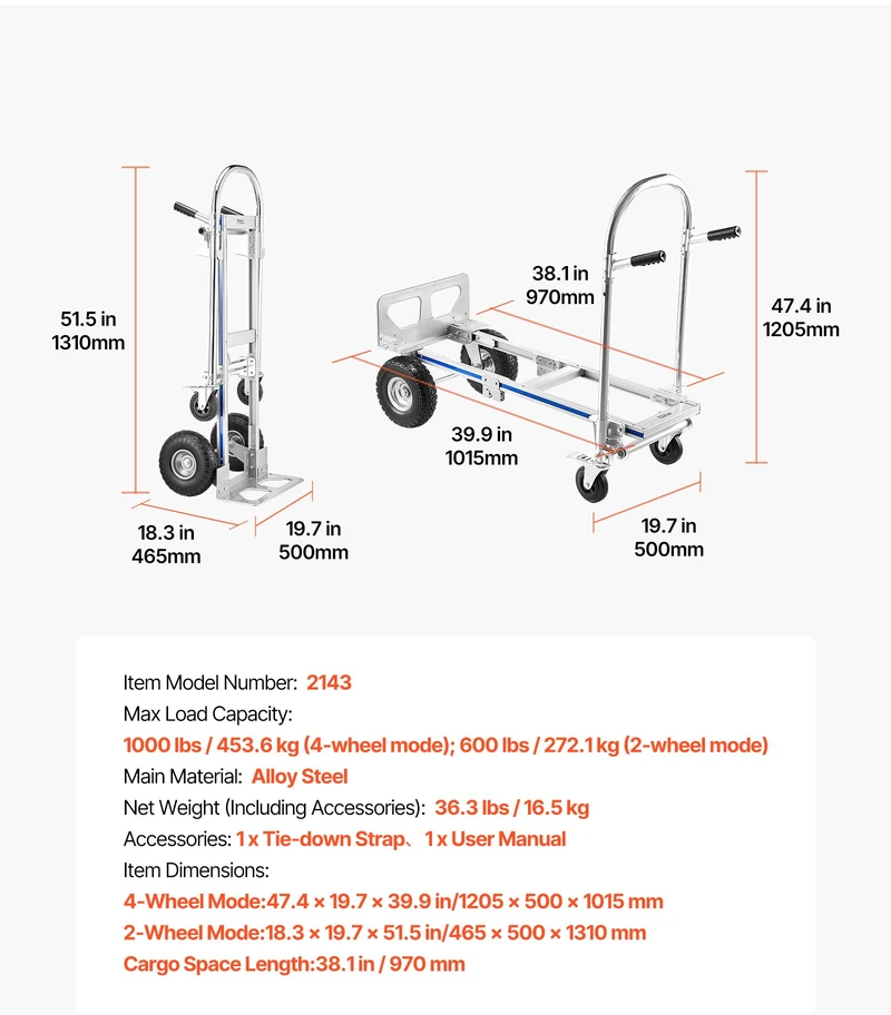 Sulankstomas 2-in-1 rankinis vežimėlis. keliamoji galia 453.6kg