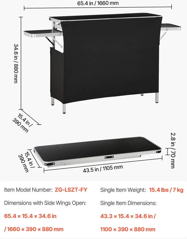 Sulankstomas baro stalas lauko renginiams. 1100x390x880 mm. su krepšiu nešti. nešiojamas