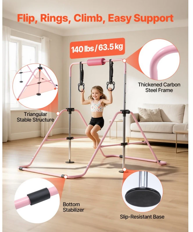 Sulankstomas gimnastikos skersinis vaikams iki 63.5kg reguliuojamas aukštis rožinis