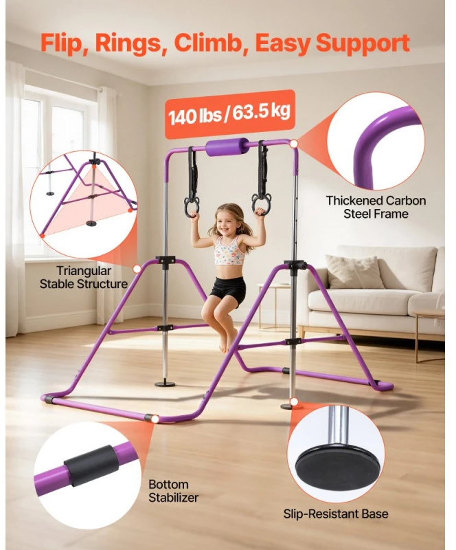 Sulankstomas gimnastikos skersinis vaikams iki 63.5kg reguliuojamas aukštis violetinis