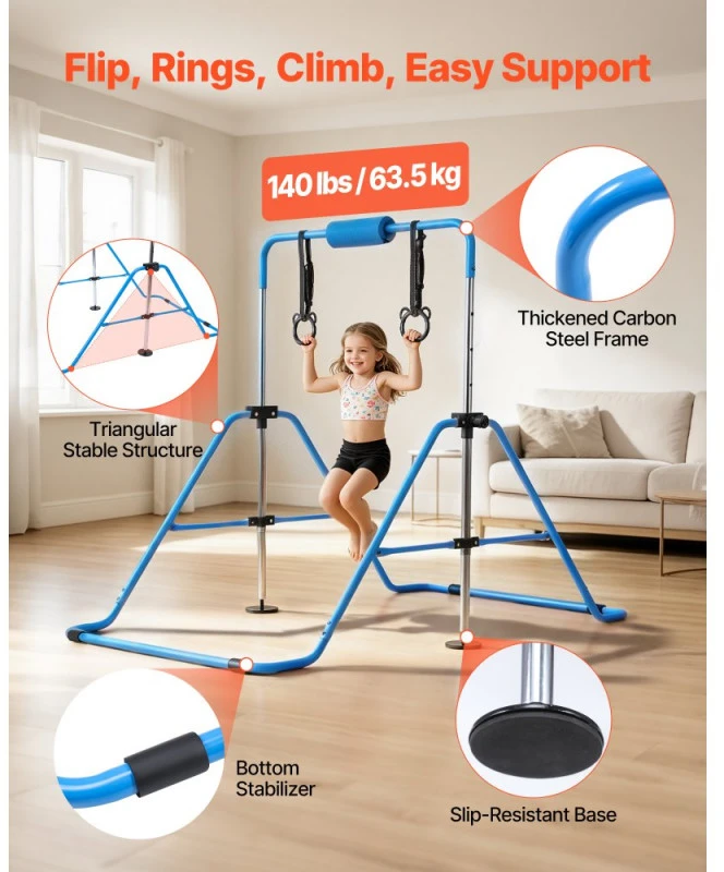 Sulankstomas gimnastikos skersinis vaikams iki 63.5kg reguliuojamas aukštis mėlynas