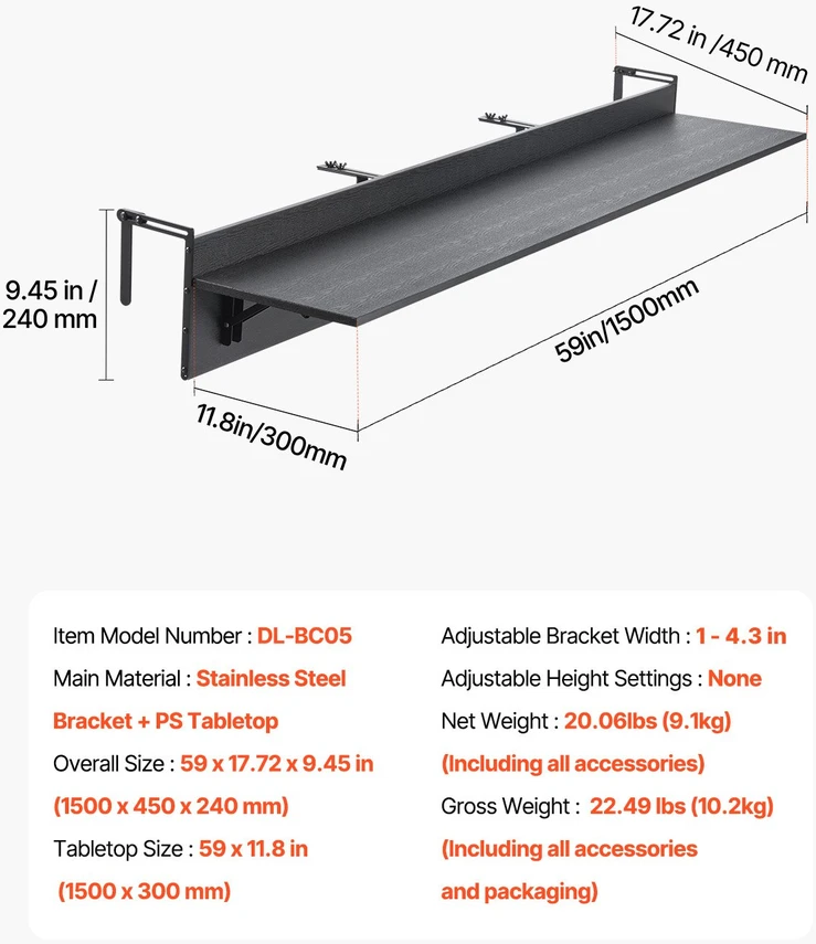 Sulankstomas metalinis pakabinamas staliukas balkono turėklams 1500 x 450 x 240 mm. lauko baro staliukas